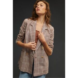 Maeve by Anthropologie Double-Breasted Plaid Blazer, Brown and White, Size 6